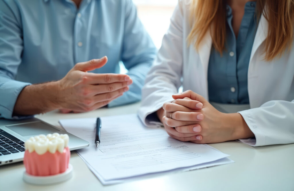 Doctor consults patient at dental office. Man and woman talk about oral health near tooth model and laptop. Dentist explains treatment plan, on paper.